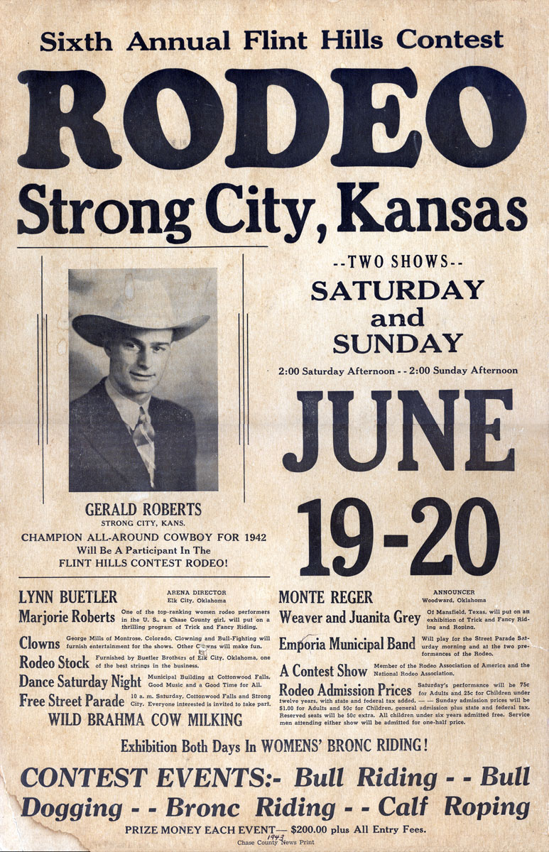 Rodeo poster in the Chase County News for the 6th Annual Flint Hills Rodeo in June 1943!